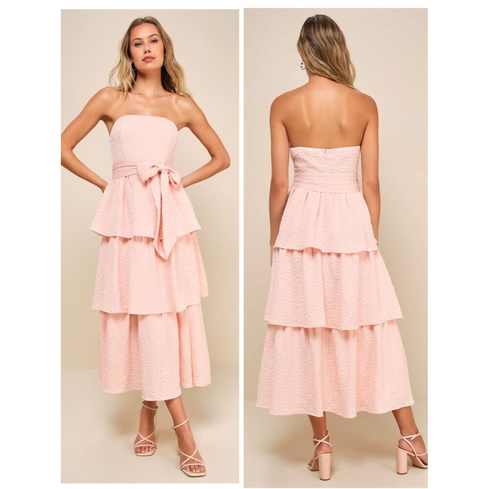 Lulus Truly Marvelous Blush Pink Jacquard Strapless Tiered Midi Dress Medium